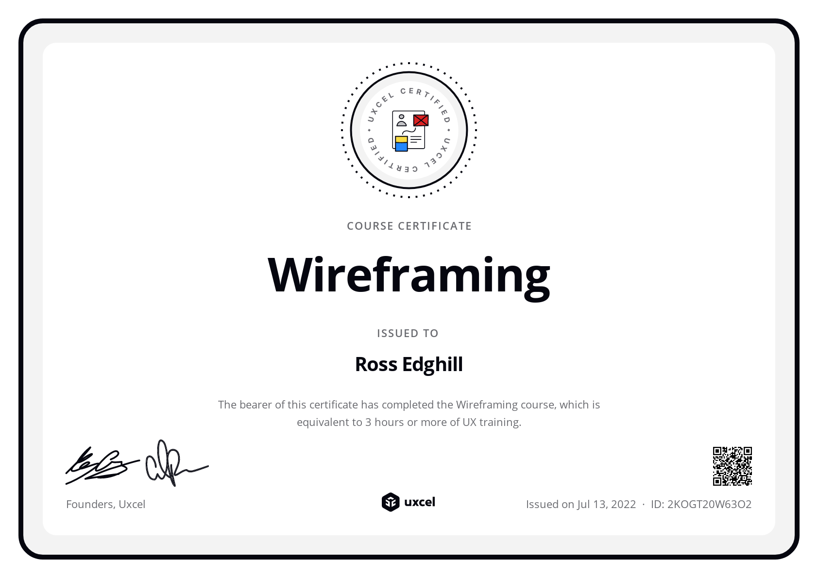 Ross Edghill's certificate